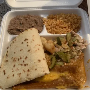 3 enchiladas, rice, refried beans, potatoes, chicken w/tortilla