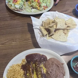Monterrey Tostadas, Tamales with beans &amp; rice, chips and salsa