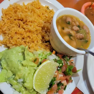 Charro beans, rice and guacamole with pico