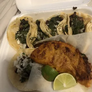 One Birria Taco, three tacos de Lengua, and two Steak Tacos