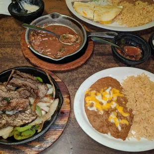 Beef Fajita lunch special, spicy salsa and Beef Taco + Chicken Quesadilla lunch apecial