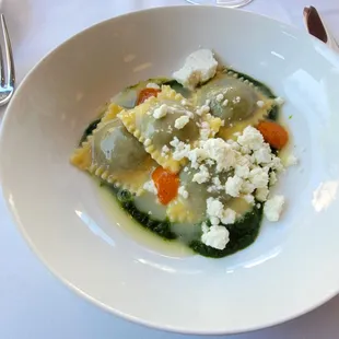Spanakopita Ravioli with Spinach, Feta and Red Pepper Coulis