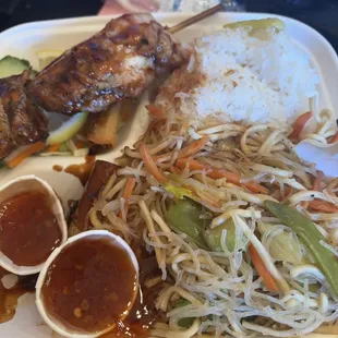 BBQ Skewer Plate, Lumpia, Rice, Pancit