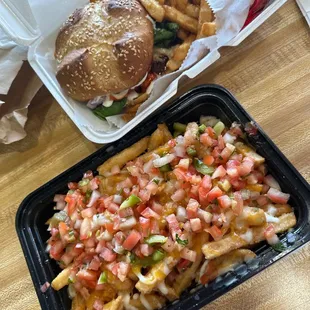 Cheese fries with pico and a burger