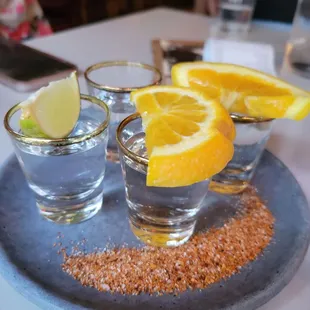 Mezcal and tequila shots with tajin