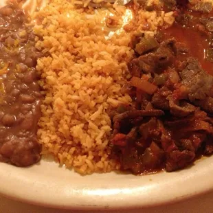 Steak, rice, and beans.