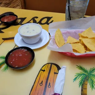 Large queso Blanco with complimentary chips and salsa! Delicious!