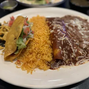 Crispy chicken taco and beef enchilada