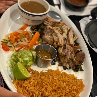 Carnitas plate  Rice  Beans Guacamole