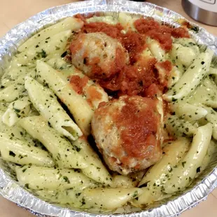 Penne in Pesto Alfredo Sauce with Meatballs