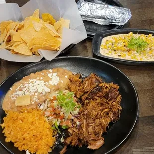 Chips &amp; salsa, Esqiutes &amp; a Carnitas Plate