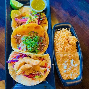 3 tacos with rice and beans