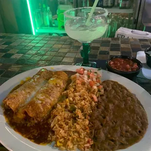 Dry beans rice and enchiladas