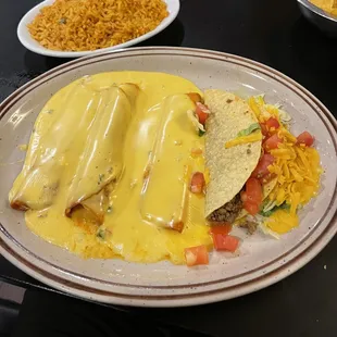 Combo Three w/ Cheese Enchiladas w/ Queso and Ground Beef Taco