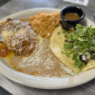 Combo plate - Chile Relleno and Carne Asada taco, rice and beans