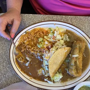 A shredded beef taco and scrumptious chili relleno combination.
