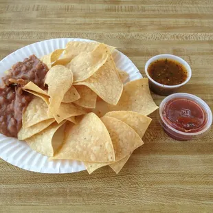Free chips with beans and salsa while we wait for our food.