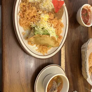 Combo 1 - shredded beef taco with rice and beans. Amazing! A cup of the albondigas soup, also amazing!