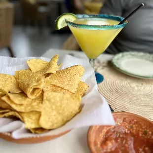 Chips and salsa, mango margarita