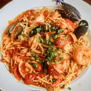 Seafood pasta. Gluten-free pasta available.