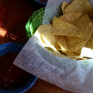 a basket of tortillas and salsa