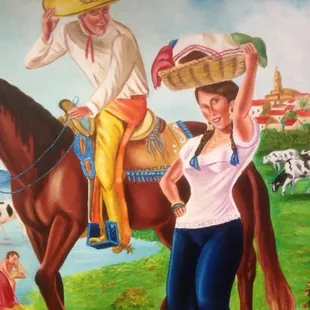 a painting of a woman carrying a basket on her head