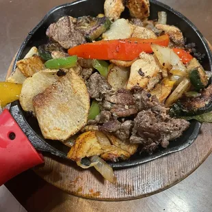 Steak and chicken fajitas (they have a delicious thin slice of potato's with zucchini vegetables
