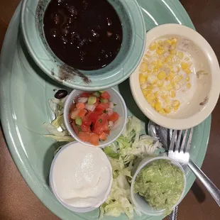 Elote, black beans, and the fajita fixings