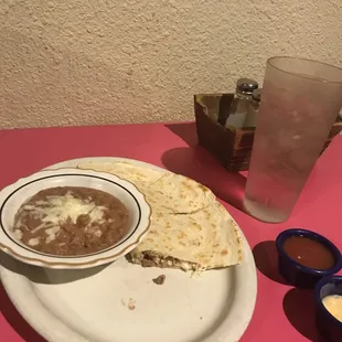 a plate of quesadillas and a glass of water