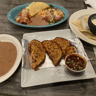 birria tacos 9. Enchilada, Chile Relleno &amp; Taco Combo queso