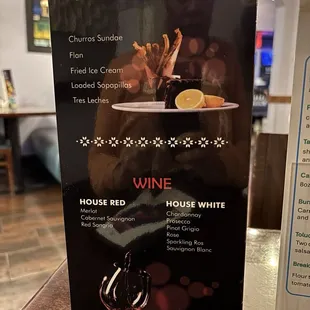 Spirits and dessert menu