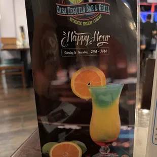 Happy hour menu, spirits, dessert menu