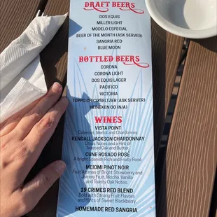 Back page of drink menu