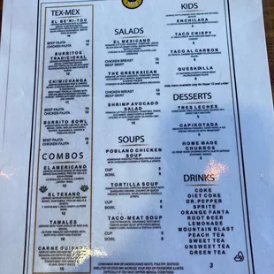 Dinner menu
