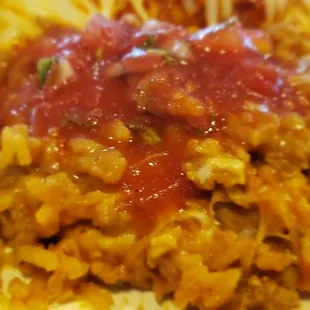 My thing is to mix the beans/rice and top with salsa