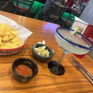 My appetizer of chips &amp; salsa with a margarita on the rocks!