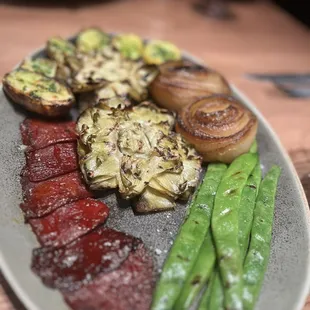 a plate of meat and vegetables
