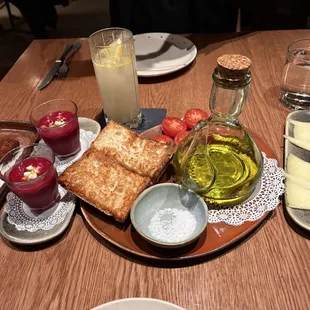 Croquettes, gazpacho, pan con tomate and manchego cheese