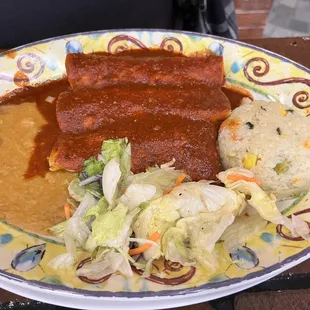 Chicken enchiladas with red sauce.