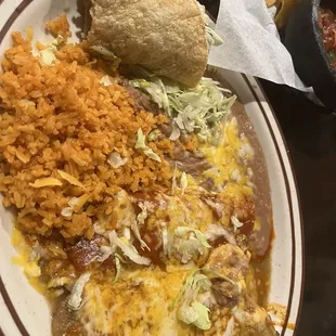 Ground beef Taco, cheese enchilada, chile relleno, rice and beans