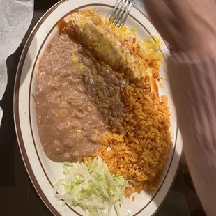 Cheese enchilada, rice and beans.