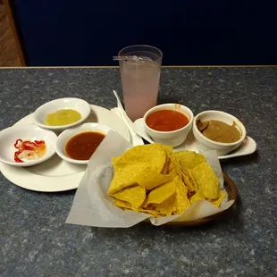 Chips, salsa, bean dip and three levels of hotness! Yeah!