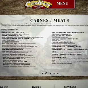 Menu - carnes (meats).