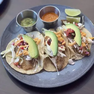 Seafood tacos (Fish) served with rice &amp; beans