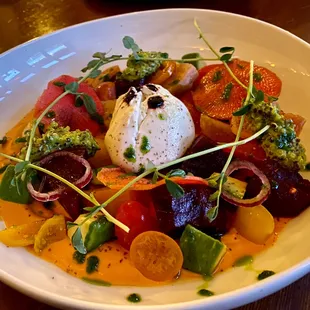 Burrata Salad - daily special appetizer with fresh burrata cheese, two kinds of beets, avocado, tomato, radish, onions, and sauce - $17