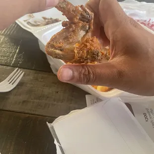 a hand holding a piece of chicken