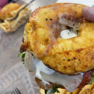 Meatball sandwich made with a pizza bagel