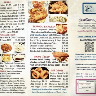 Salads, seafood, chicken, wraps, and sides menu.