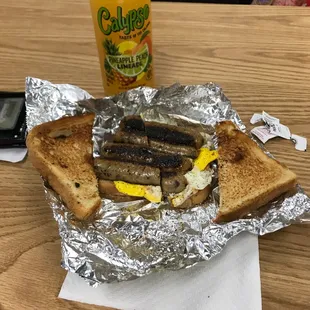 Chicken link breakfast sammich!   Pretty big, and good!  $8.42 for this and a calypso.