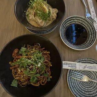 Kimchee noodles and chicken and mushroom dumplings